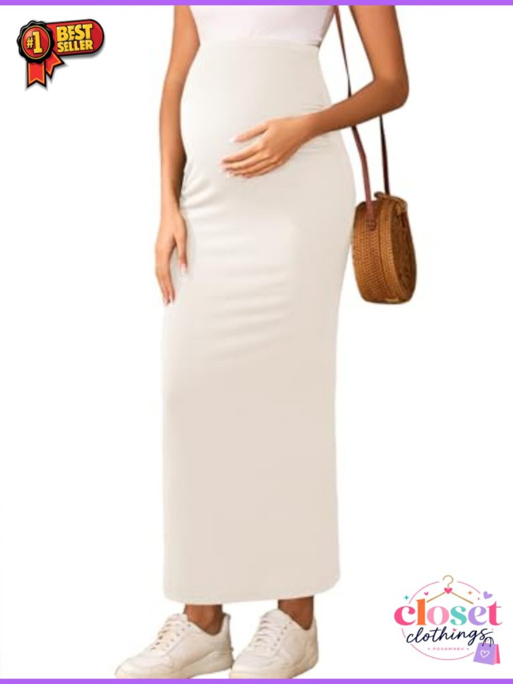Maternity Adjustable Waist Maxi Pencil Skirt Over Belly Stretchy Pregnancy